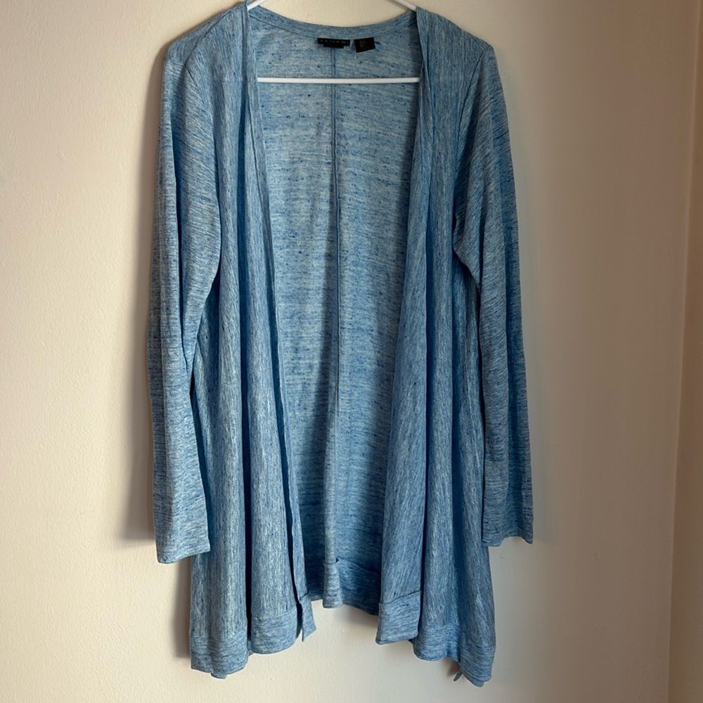 Tahari Women’s 100% Linen long open cardigan sweater speckle blue size large EUC
